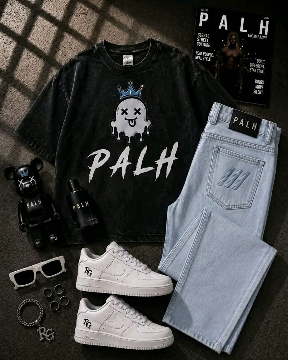 Look 01, Static — acid-wash PALH ghost tee with ice-wash denim, white leather sneakers and silver accessories, arranged flat.