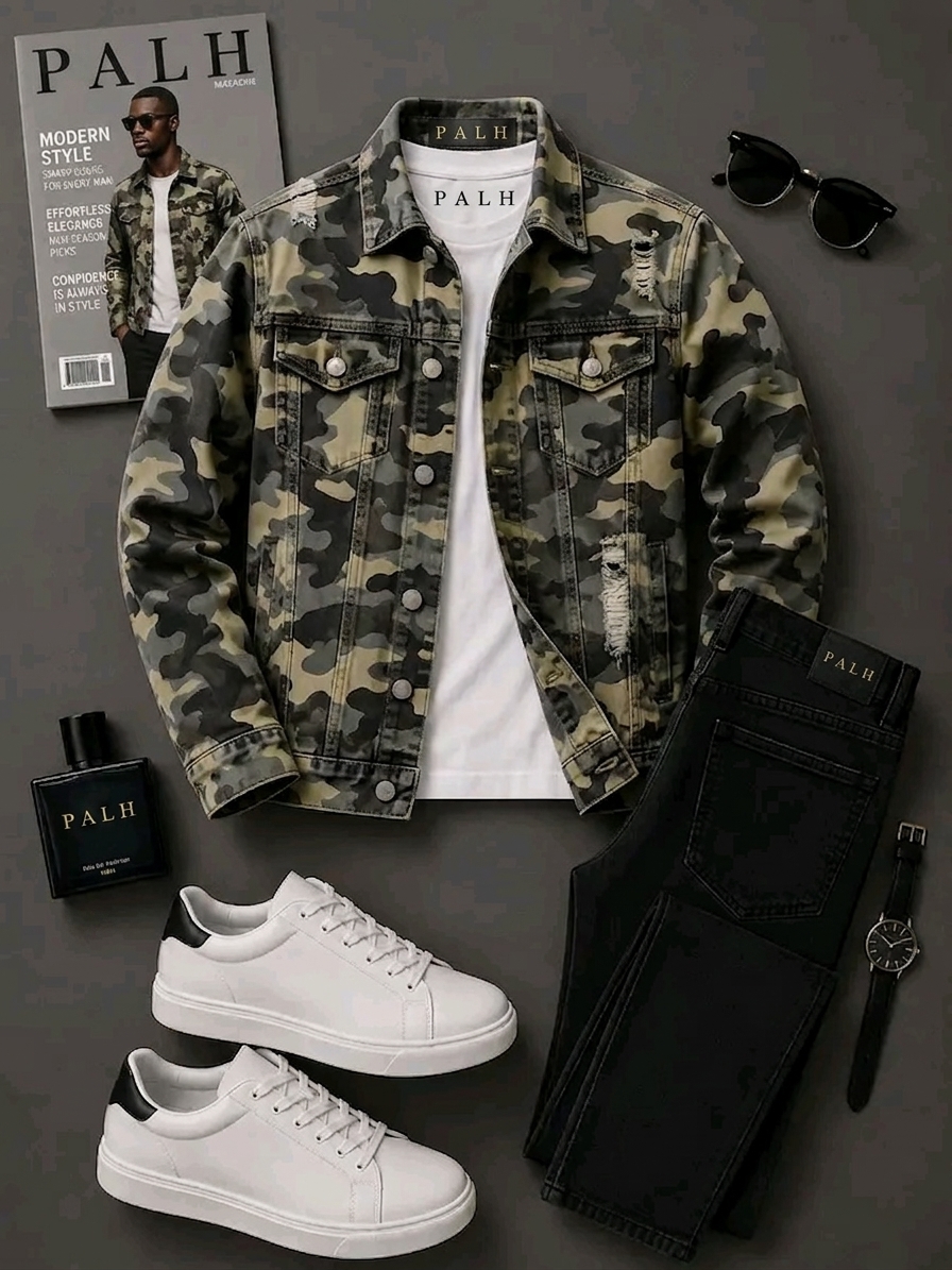 Look 02, Field — distressed camo trucker jacket over a white tee with black denim, cupsole sneakers and a steel field watch, arranged flat.