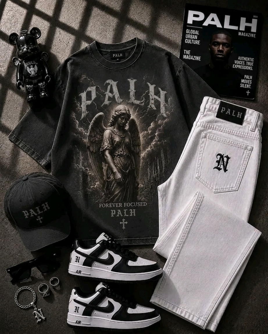 Look 03, Focused — washed charcoal angel-graphic tee with white denim, two-tone leather sneakers and a charcoal PALH cap, arranged flat.