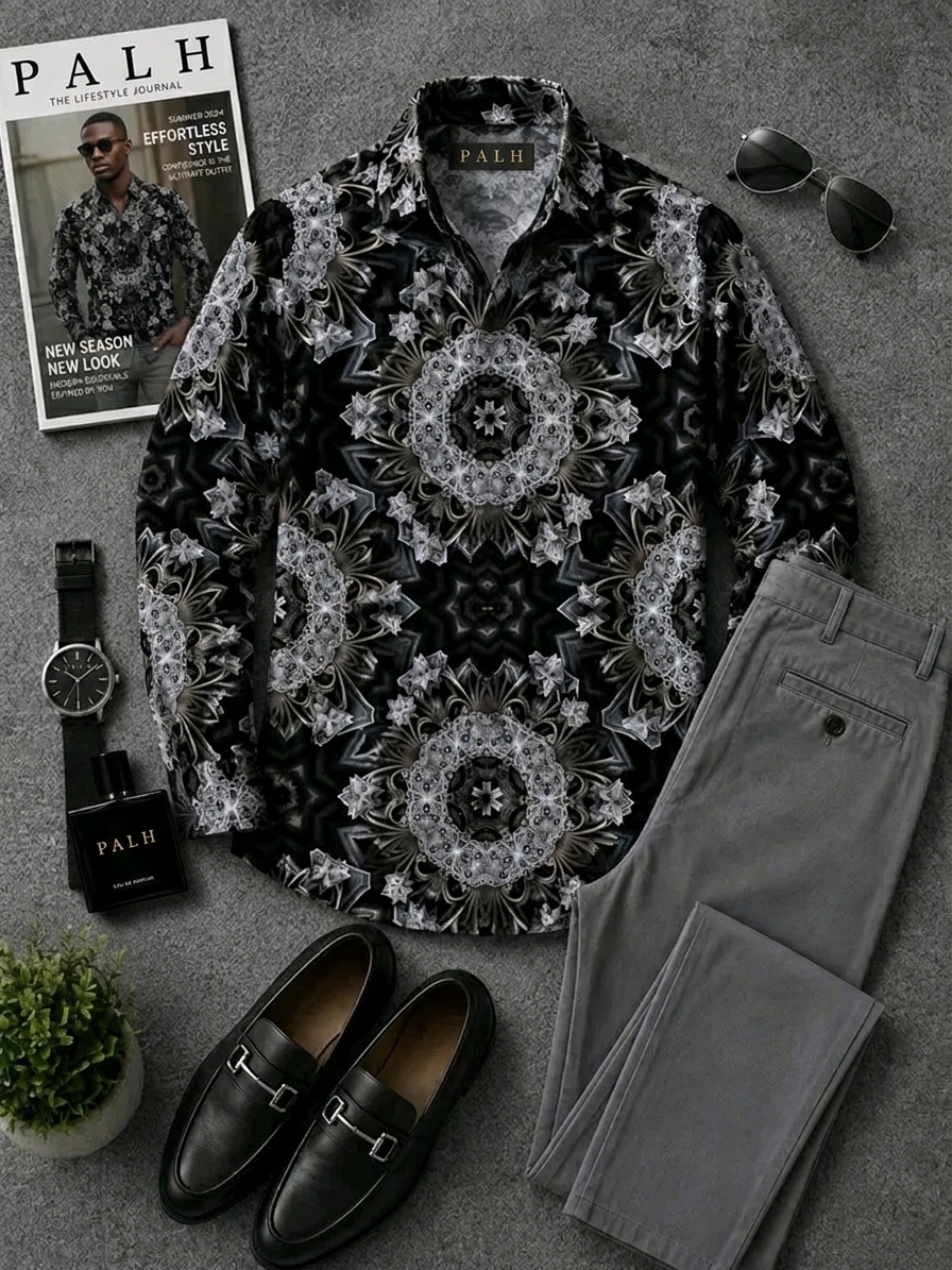 Look 04, Baroque — black and silver baroque-print shirt with grey tailored trousers, horsebit loafers and a slim dress watch, arranged flat.