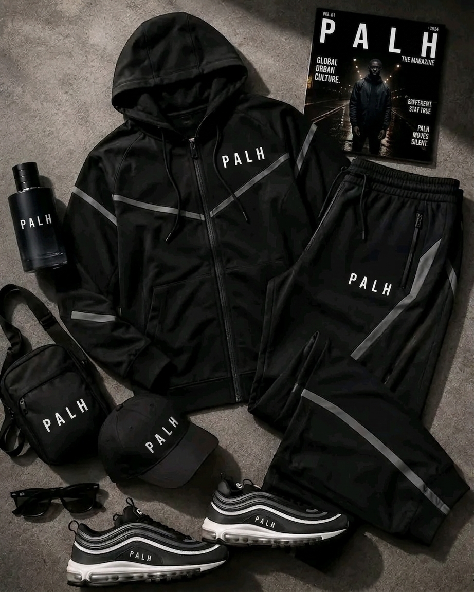 Look 05, Blackout — black tracksuit with reflective stripes, PALH cap, crossbody bag and hybrid runners, arranged flat.