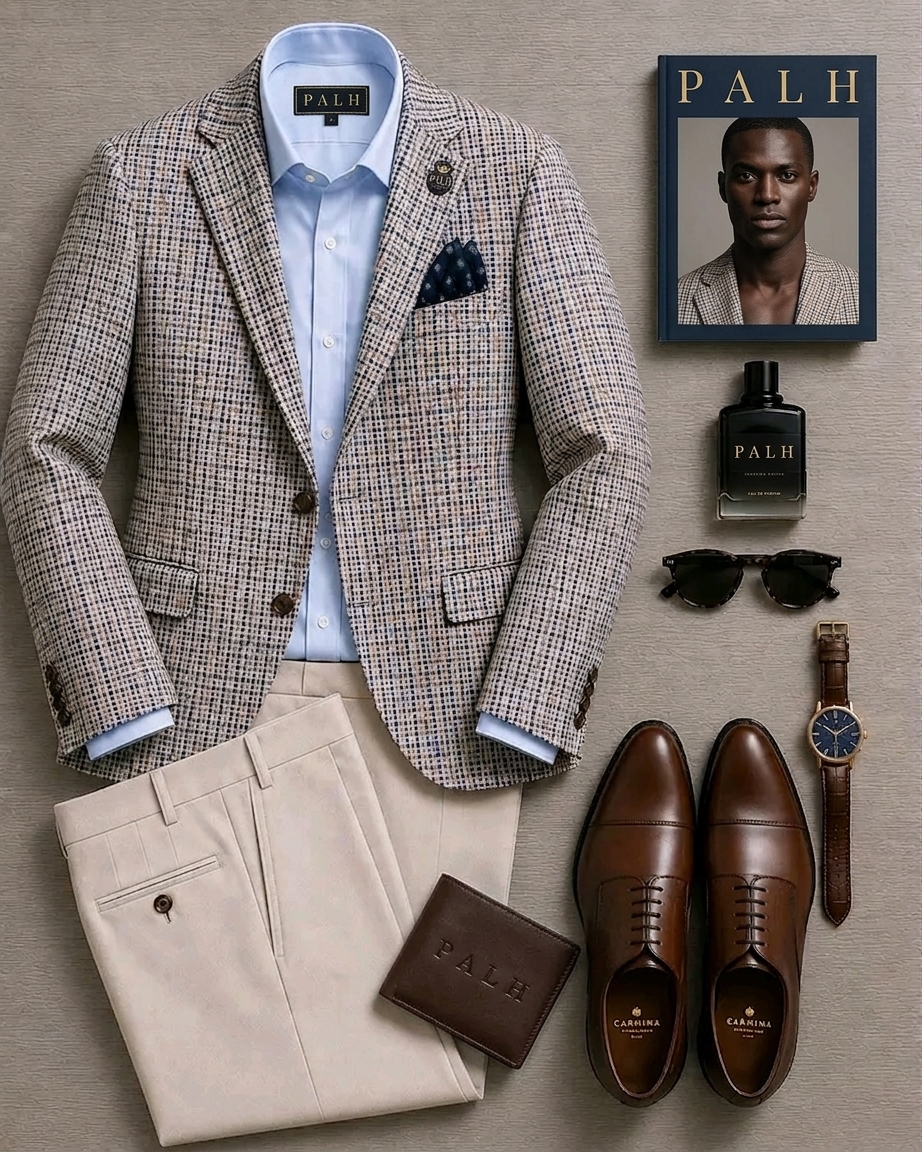 Look 06, Woven — check sportcoat over a sky-blue shirt with ivory pleated trousers, chestnut oxfords, leather wallet and dress watch, arranged flat.